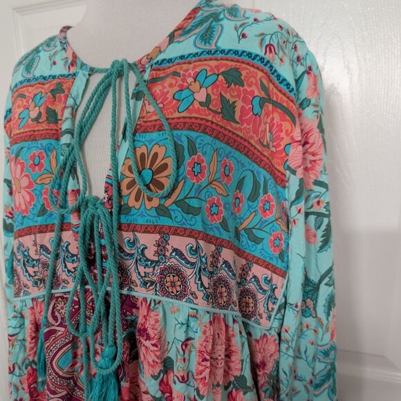 R Vivimos Mixed Floral Midi Dress Womens Size 2XL Blue Tassels Boho V Neck - Picture 3 of 11